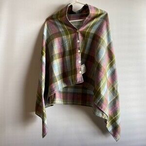 Earth Squared Plaid Wool Wrap Free Trade Hybrid Poncho Lap Blanket One Size NWT